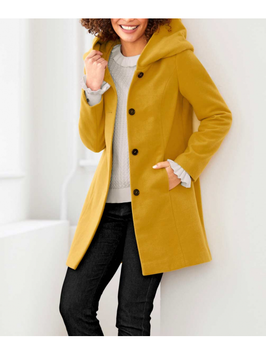 Dizajnový vlnený kabát s kapucňou Linea Tesini, okrovo-žltý